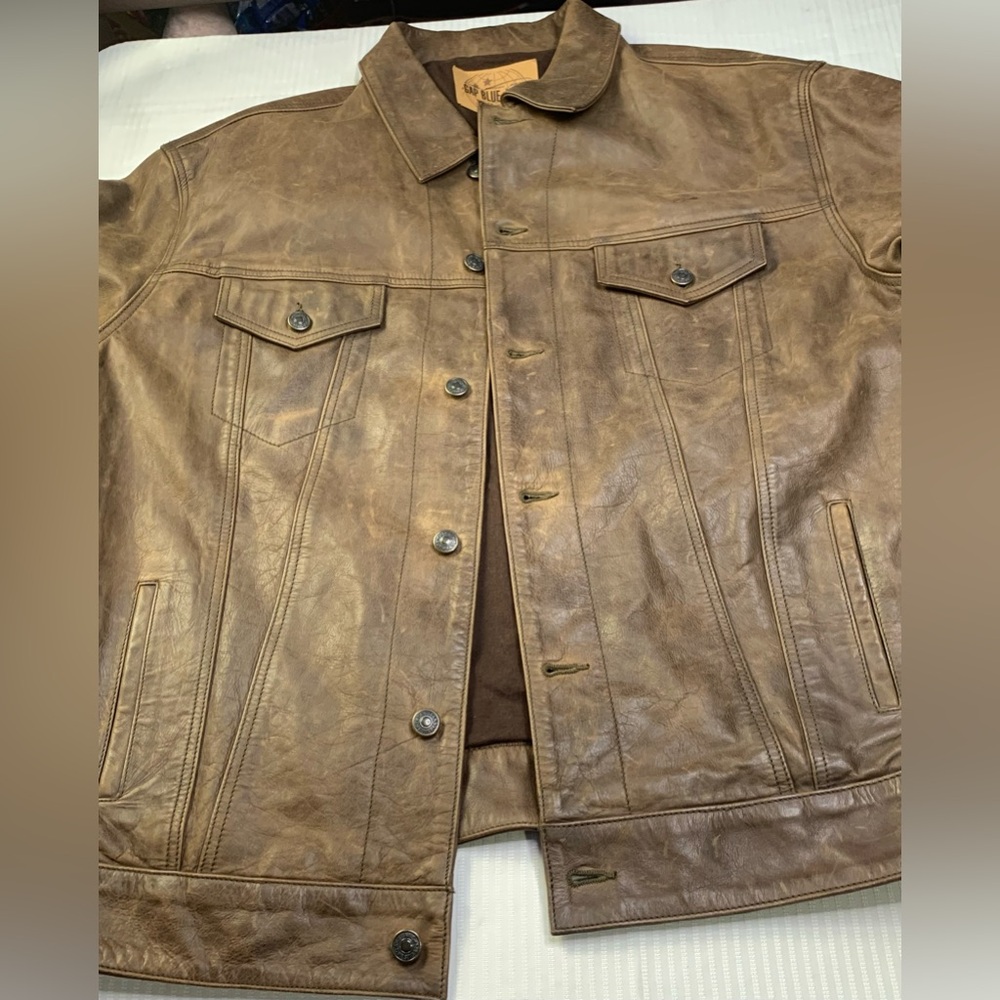 Vintage Gap Blue Jeans Leather Trucker Button-up Jacket. Size XL. EC